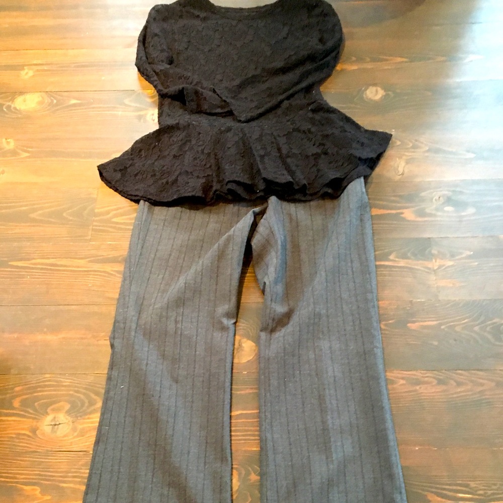 Grey with slight back stripe wide leg dress pants.